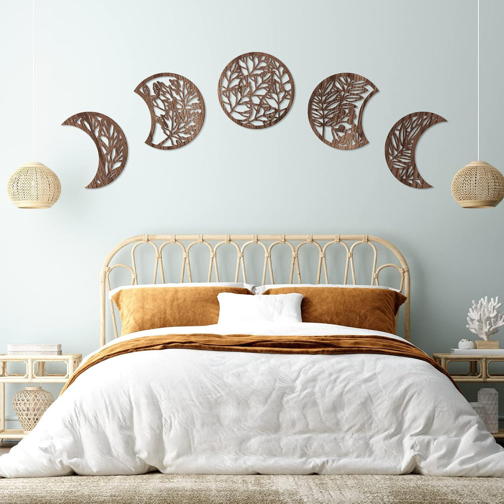 5 Pieces Moon Phase Wall Hanging Decor Wooden Moon Wall Art (Brown)