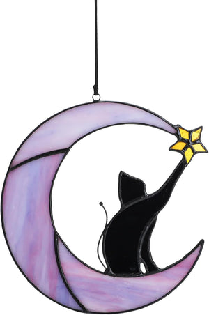 6.5'' Black Cat Decor on Purple Moon Stained Glass Window Hanging Suncatcher