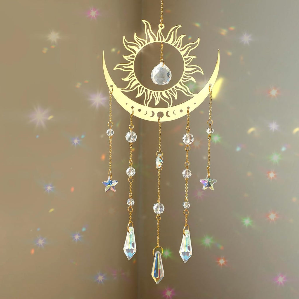 Large Sun and Moon Sun Catcher for Windows Hanging Prism Crystals Boho Home Garden Backyard Room Ceiling Decor