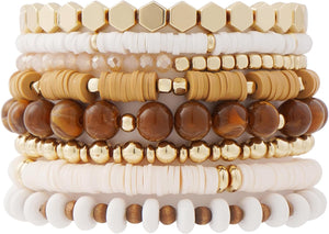 Surfer Heishi Clay Bead Bracelets for Women Bohemian Stackable Gold Beaded Stretch Bracelets Elastic Jewelry