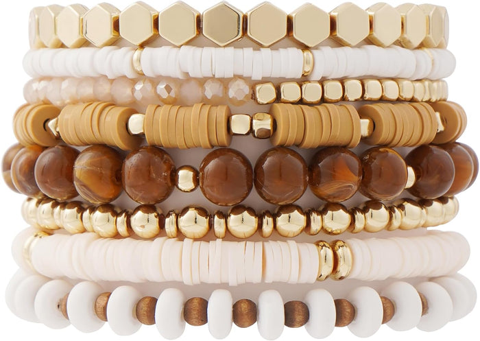 Surfer Heishi Clay Bead Bracelets for Women Bohemian Stackable Gold Beaded Stretch Bracelets Elastic Jewelry