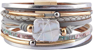 Leather Wrap Bracelets for Women, Boho Leopard Multi-Layer Crystal Beads Cuff Bracelet Jewelry, Gray Leather