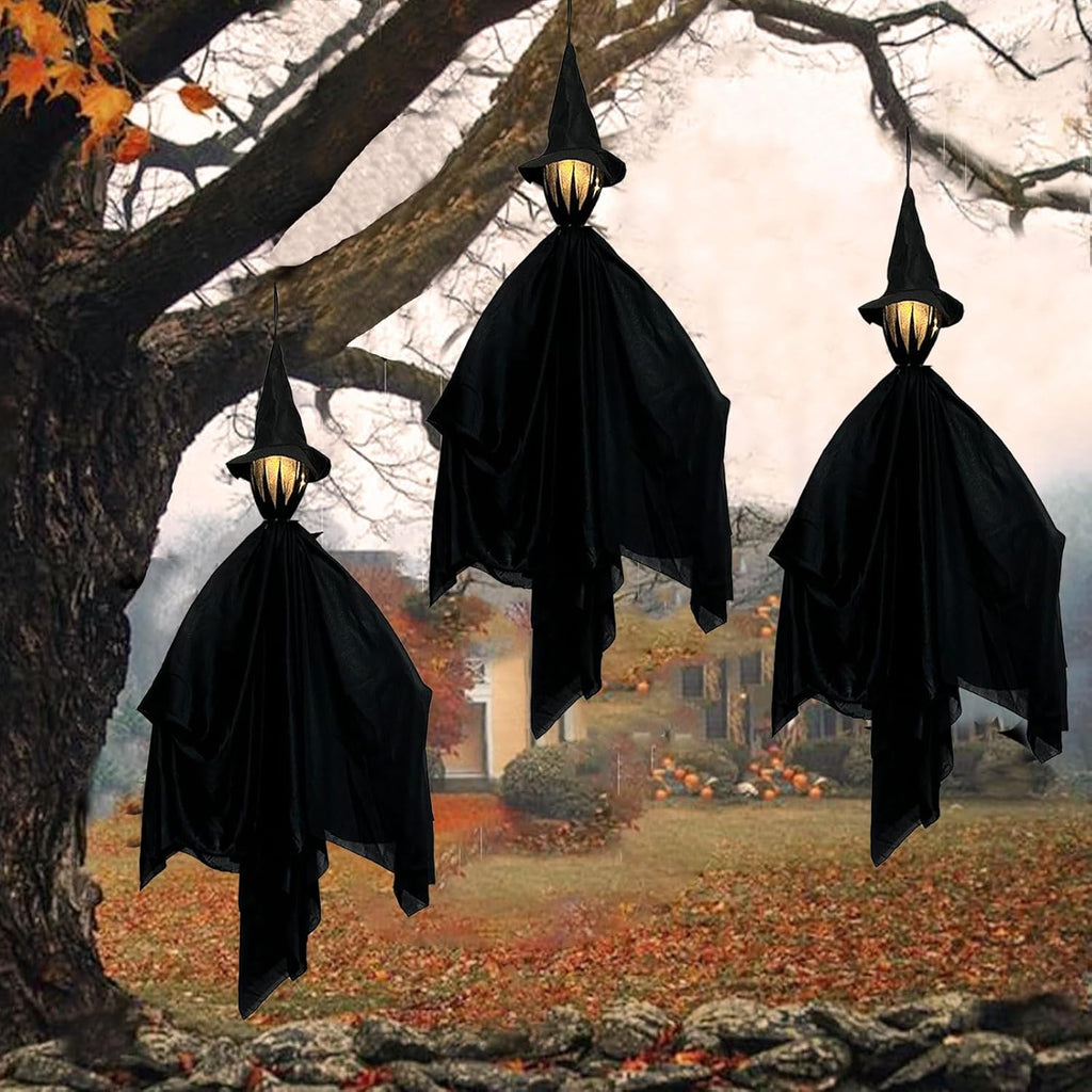 Hanging Witch Decorations with LED Light 3pcs, Spooky Lighted Props Halloween Witches