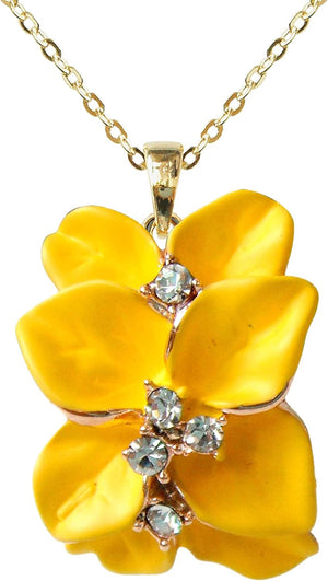 18k Gold Plated Clear Crystal Enamel Leaves Flower Pendant Necklace 16"+2", Yelllow