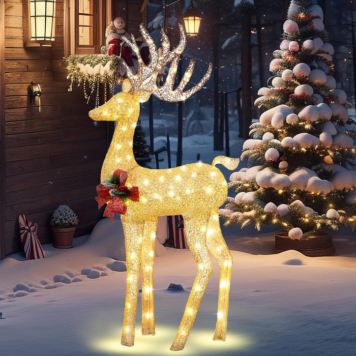 68” Pre-Lit Lighted Christmas Reindeer, Glitter 3D Gold Standing Christmas Male Deer with 70 Warm Led Lights