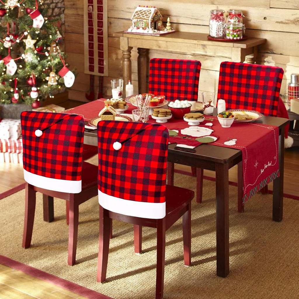 4 PCS Elastic Buffalo Plaid Christmas Chair Covers Santa Hat Christmas Chair Back Covers Kitchen Dining