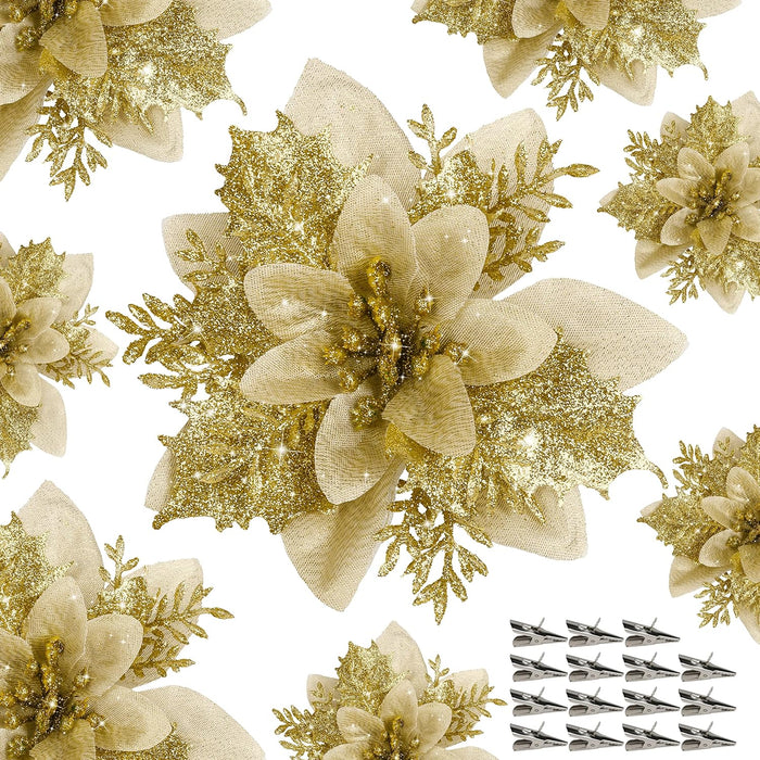 15 PCS Gold Poinsettia Flower Artificial Poinsettia with Clips Christmas Decor Glitter Ornaments