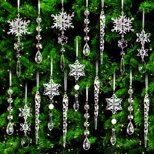 18pcs Crystal Christmas Tree Ornaments, Hanging Acrylic Snowflake Icicle Ornaments with Drop Pendants f