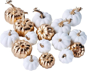 16 Pcs Assorted Fall Artificial Pumpkins Harvest White Faux Pumpkins and Gold Plating Pumpkins