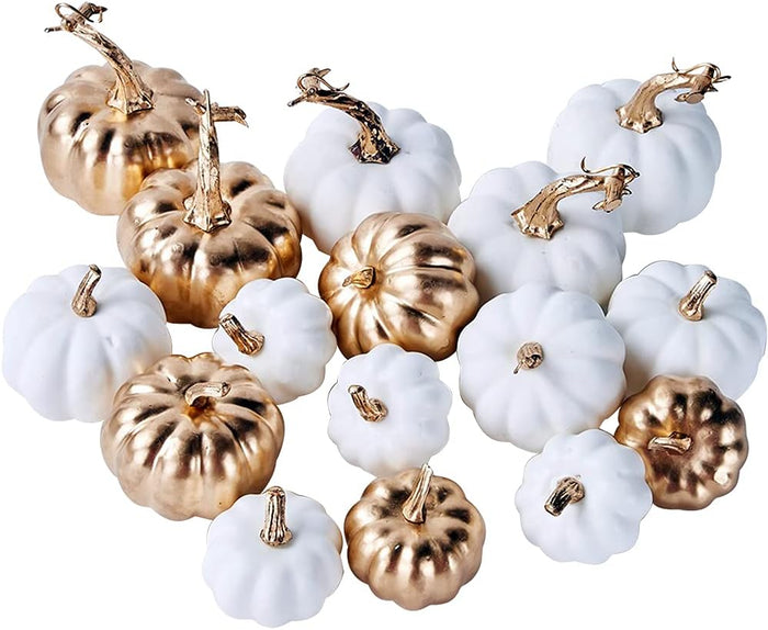 16 Pcs Assorted Fall Artificial Pumpkins Harvest White Faux Pumpkins and Gold Plating Pumpkins