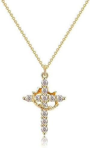 Paved Cross Rotated Crown Necklace for Women, Dainty Diamond Cross Cute Gold Jewelry Set