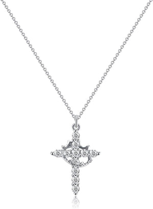 Cross Rotated Crown Necklace Gold Cross Pendant Dainty Cross Cubic Zirconia, Silver
