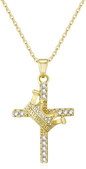Crown Cross Necklace Cross Crown Pendant Rhinestone Necklace for Women Gold