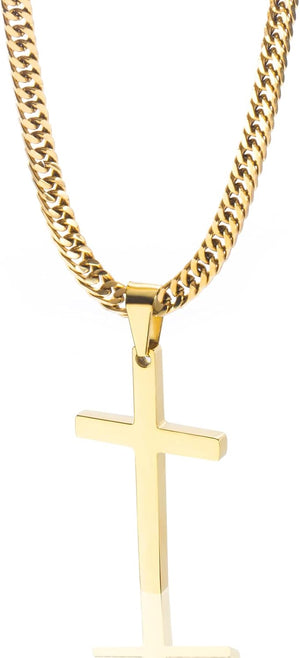 Gold Stainless Steel Plain Cross Pendant Necklace for Men Cuban Chain 18-26 Inch