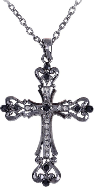 Womens Black Silver Clear Crystal Rhinestones Celtic Holy Cross Pendant Necklace, Black