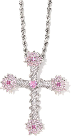 White Gold Plated Cubic Zirconia Stone Cross Necklace With Rope Chain