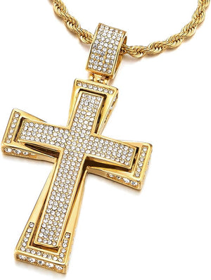 Mens Womens Large Steel Cross Pendant Necklace with Cubic Zirconia and Wheat Chain, Gold