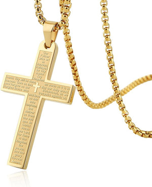 Stainless Steel Mens Womens Cross Necklace Lord's Prayer Pendant, Gold