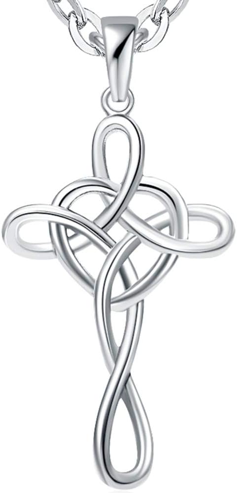 Stainless Steel Love Knot Heart Shaped Cross Pendant Necklace, Silver