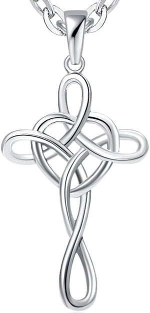 Stainless Steel Love Knot Heart Shaped Cross Pendant Necklace, Silver