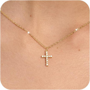 Dainty Simple 14k Gold Plated Cross Pendant Cute Diamond Necklaces for Women Gold Jewelry, Gold