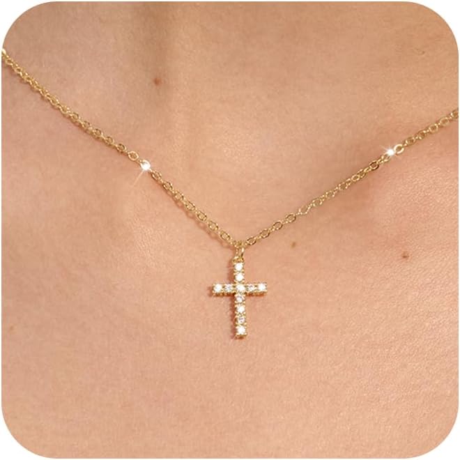 Dainty Simple 14k Gold Plated Cross Pendant Cute Diamond Necklaces for Women Gold Jewelry, Gold