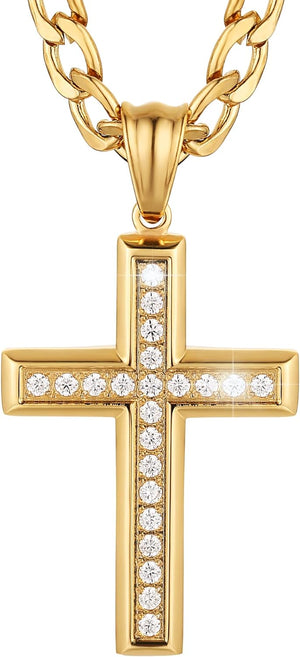 24K Gold-Plated Solid CZ Cross Necklace for Men Women Stainless Steel Religion Jewelry with 24 Inch Figaro Chain