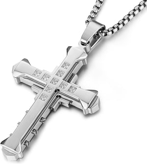 Men's Large Byzantium Stainless Steel Cubic Zirconia Cross Necklace Pendant 22 + 2 Inch Chain, SIlver
