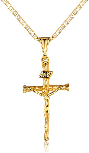 18K Gold Plated Flat Mariner/Marina 060 3MM Chain Necklace With Cross Pendant., Gold