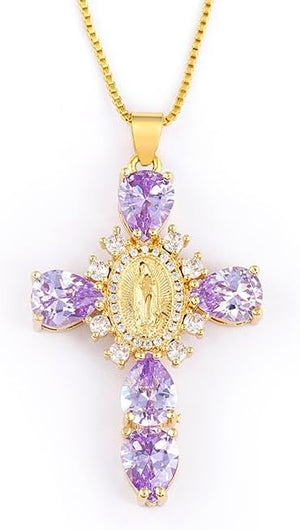 Zircon Cross Necklace For Women Choker Charm Virgin Mary Pendant Box Chain Female Jewelry, Purple
