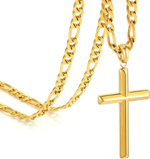 Stainless Steel Figaro Necklace,18K Gold Plated Cross Pendant Chain,18-24 IN with Flannel Bag
