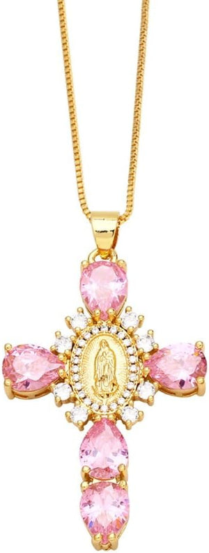 Zircon Cross Necklace For Women Choker Charm Virgin Mary Pendant Box Chain Female Jewelry, Pink