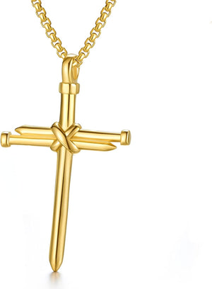 Nail Cross Pendant Necklace for Men Women Stainless Steel Cross Necklace for Male Jewelry, Gold