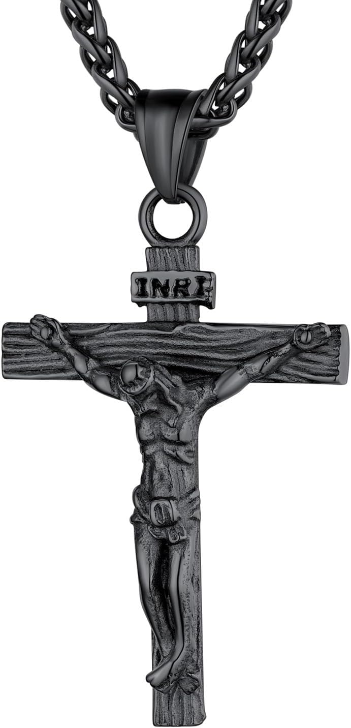 Men Crucifix Cross Pendant with Chain Baptism Christian Jewelry Stainless Steel, Gift Packed,Length 22", Black