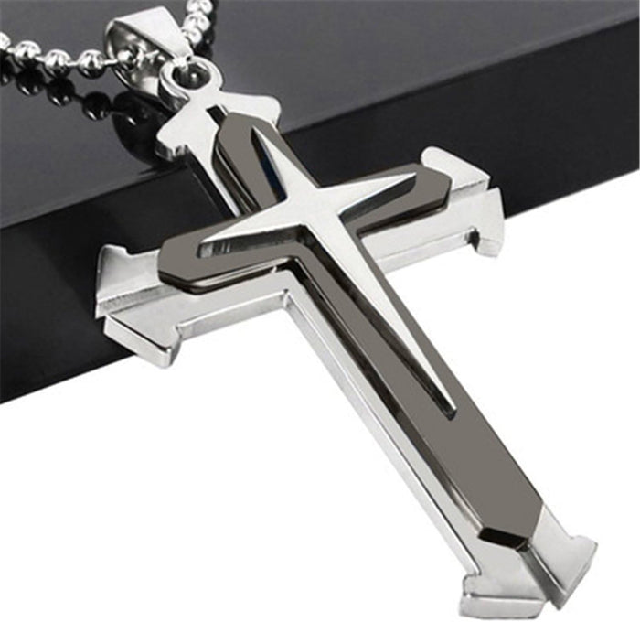 Men Titanium Steel Cross Necklace, Silver