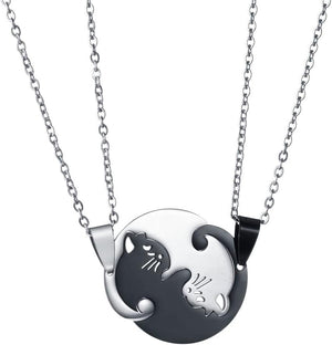 Stainless Steel Cat Kitty Necklace for Women Men Matching Cat Love Heart Yin Yang Necklace for Couples Friendship Jewelry Gift