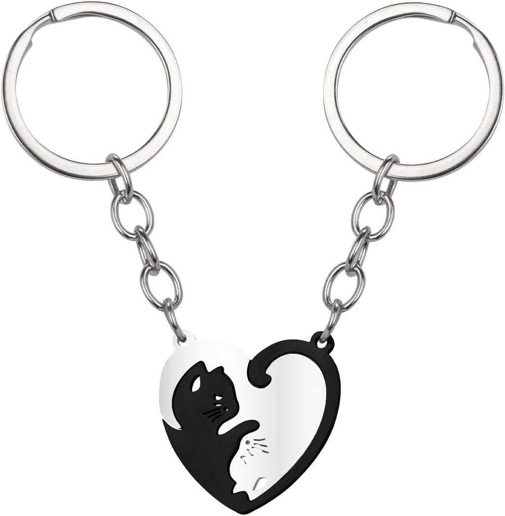 Heart Puzzle Keyrings for Couples, 2 Pcs Stainless Steel Cats, White and Black, Keychains for Him and Her