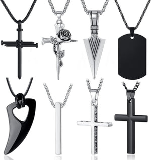 8 Pcs Necklace for Men, Mens Necklaces Jewelry Set, Black and Silver Stainless Steel Necklace