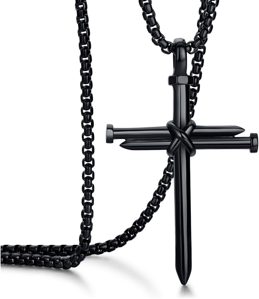 Men's Stainless Steel Nail Cross Pendant Necklace with 24 Inch Chain Polished Black Gold Silver