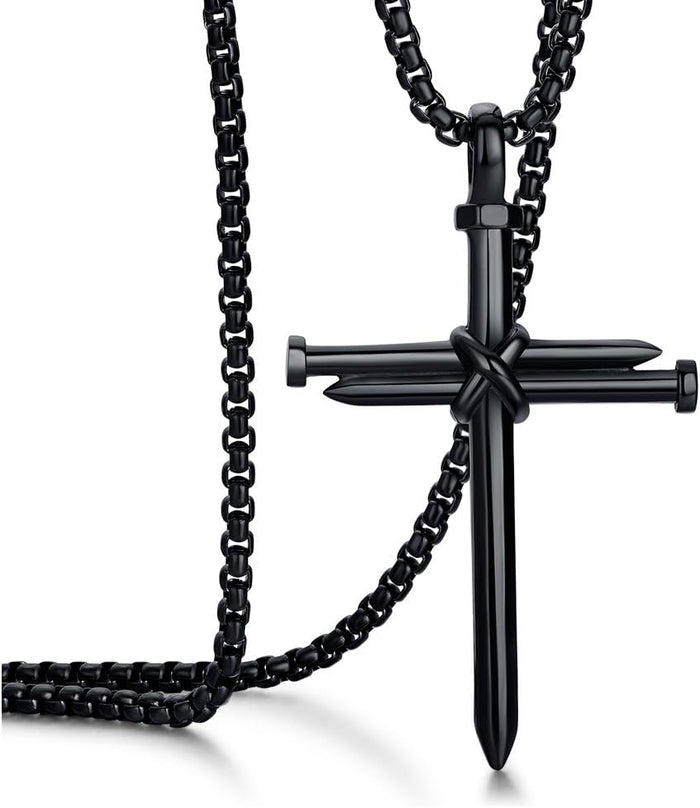 Men's Stainless Steel Nail Cross Pendant Necklace with 24 Inch Chain Polished Black Gold Silver