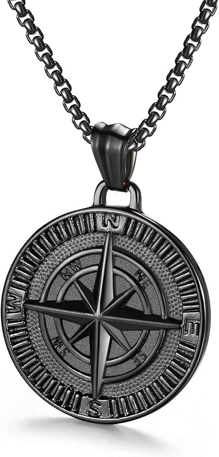 Men's Compass Pendant Necklace Stainless Steel Navigator Forged for Male Jewelry, Black