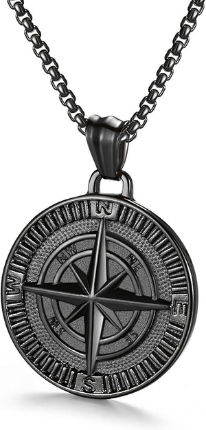 Men's Compass Pendant Necklace Stainless Steel Navigator Forged for Male Jewelry, Black