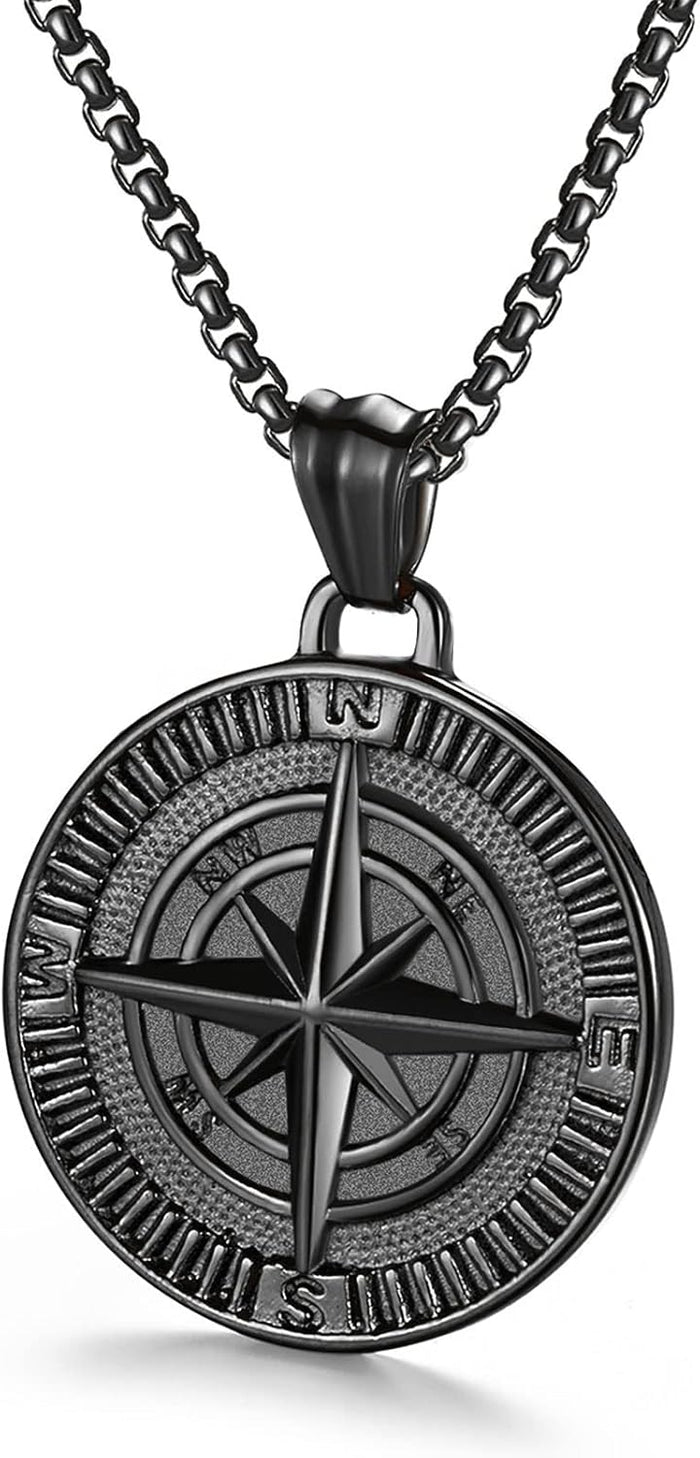 Men's Compass Pendant Necklace Stainless Steel Navigator Forged for Male Jewelry, Black
