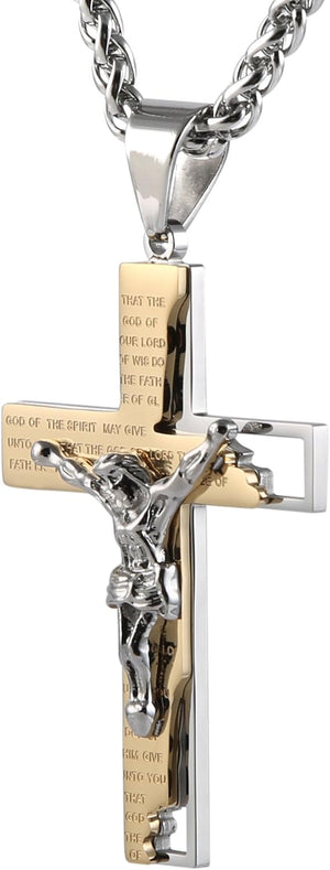 Men's Stainless Steel Cross Crucifix Bible Prayer Pendant Necklace 22+2" Chain, Gold