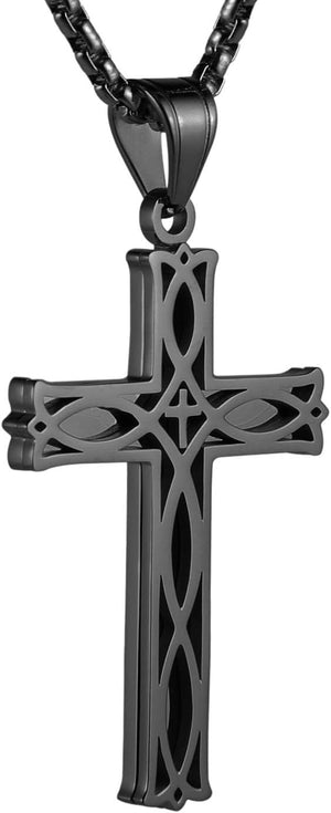 Men's Stainless Steel Infinity Celtic Cross Irish Knot Pendant Necklace, 22+2" Link Chain, Black
