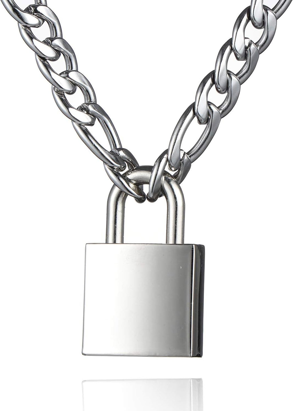 Padlock Necklace Stainless Steel Lock Chain for Men Women Silver 18-24 inch, SIlver