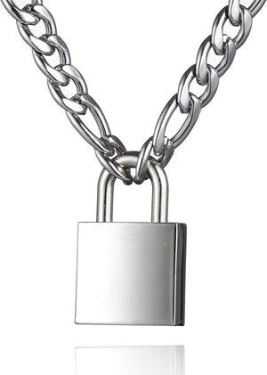Padlock Necklace Stainless Steel Lock Chain for Men Women Silver 18-24 inch, SIlver