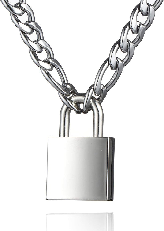 Padlock Necklace Stainless Steel Lock Chain for Men Women Silver 18-24 inch, SIlver