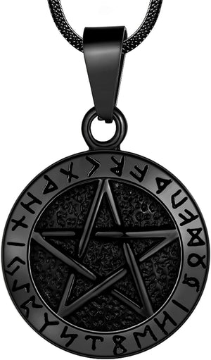 Pentagram Pentacle Wiccan Necklace -Star Satanic Pendant 316L Stainless Steel Traditional Seal of Solomon Jewelry (8 Coin, Black)