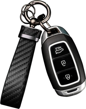 Leather Car Keychain - Carbon Fiber Interior Key Fob with Anti-Lost D-Ring - Car Accessory Key Ring (Black)